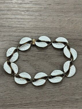 David Andersen Norway Sterling Silver White Enamel Double Leaf Bracelet Vintage